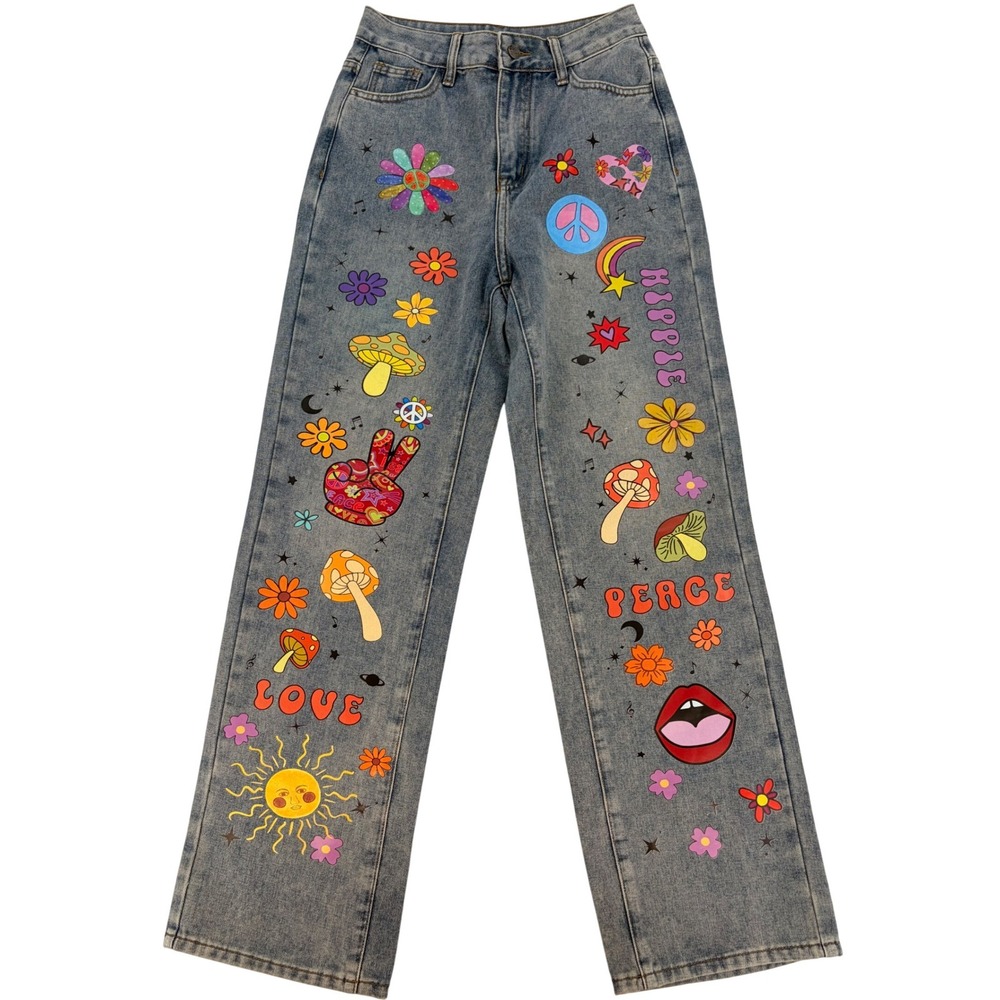 Groovy Wide Leg Jeans Hippie Mushroom Peace Y2K Denim Pants S‎